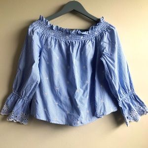 BP off the shoulder eyelet blue white stripped long sleeve top size Medi…